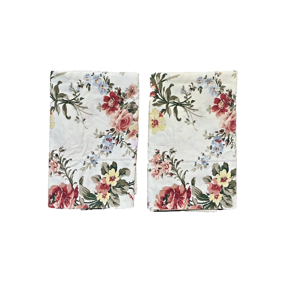 Vtg Pr Ralph Lauren Petticoat White Floral KING Pillowcases (2)